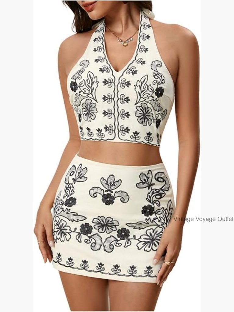 Women's 2 Piece Skirt Set Halter Linen Vacation Outfit Floral Embroidery